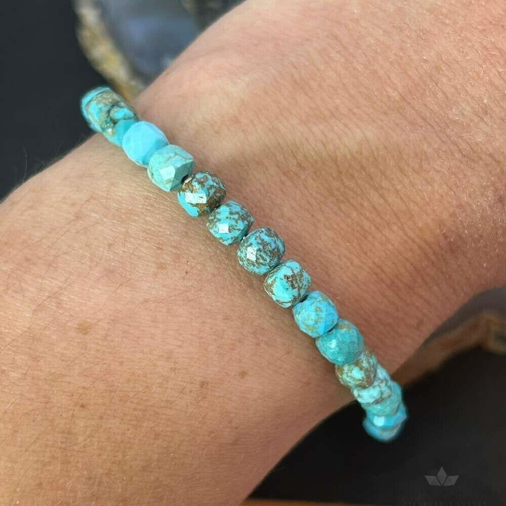 Sterling Silver Faceted Turquoise Beads 7.5" Bracelet For Women